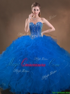 Perfect Big Puffy Beaded and Ruffled Sweet 16 Dress in Blue