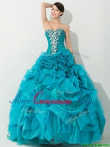 Princess Teal Sweet 16 Dress with Beading and Rolling Flowers