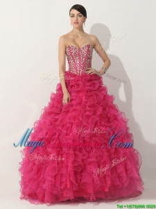 Visible Boning Hot Pink Quinceanera Gown with Beading and Ruffles