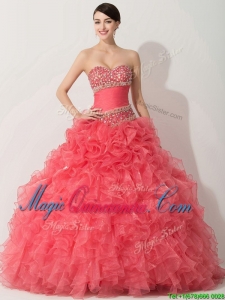 Princess Coral Red Sweet 16 Dress with Beading and Ruffles