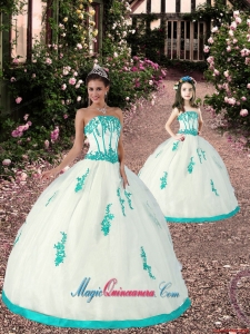 2015 Spring Satin and Organza Appliques Princesita Dress in White and Aqua Blue