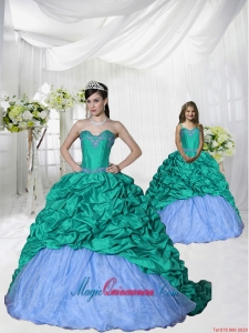 2015 Fashionable Appliques Brush Train Princesita Dress in Turquoise