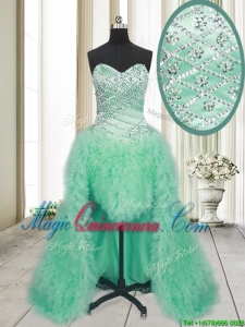 2017 Elegant High Low Brush Train Beaded and Ruffled Dama Dress in Apple Green