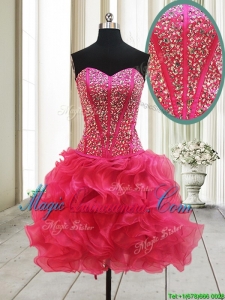 2017 New Arrivals Visible Boning Beaded Bodice and Ruffled Hot Pink Dama Dress