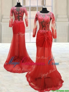 2017 Popular Scoop Laced Column Brush Train Red Dama Dress with Long Sleeves