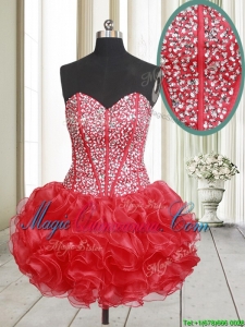 2017 Top Seller Visible Boning Beaded Bodice and Ruffled Red Dama Dress in Organza