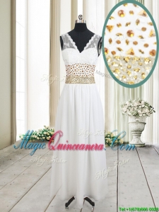 Elegant Beaded and Laced V Neck Chiffon White Dama Dress in Ankle Length