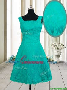 Latest A Line Square Zipper Up Turquoise Short Dama Dress in Lace