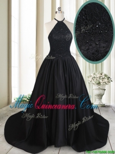 Pretty Halter Top Taffeta Laced and Beaded Black Dama Dress with Brush Train