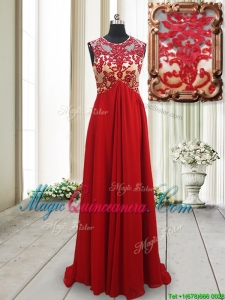 2017 New Arrivals Applique Scoop Brush Train Red Dama Dress with Open Back