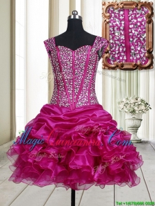 2017 Pretty Visible Boning Straps Beaded Bodice and Ruffled Dama Dress in Fuchsia