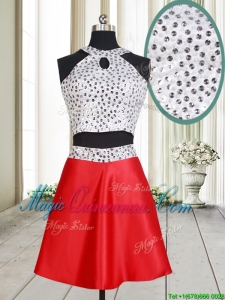 Discount Two Piece Halter Top Red and White Short Dama Dress with Beaded Bodice