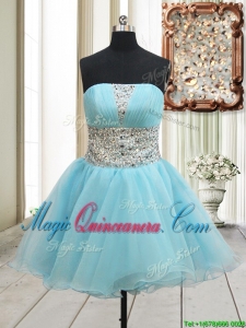 Lovely A Line Strapless Zipper Up Aqua Blue Dama Dress with Beading