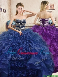 Affordable Beaded and Ruffled Organza Quinceanera Dress in Navy Blue