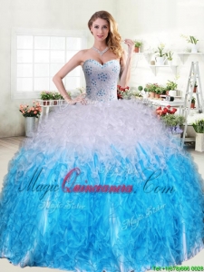 Cheap Beaded and Ruffled Quinceanera Dress in Blue and White