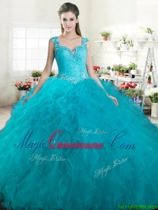 Gorgeous Straps Beaded and Ruffled Quinceanera Dress in Turquoise