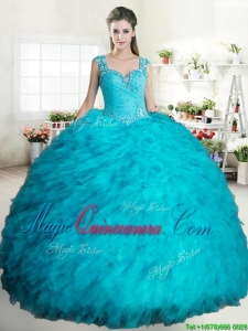 Cheap Beaded and Ruffled Turquoise Quinceanera Dress in Tulle