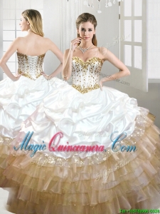 Fashionable Beaded and Pick Ups Quinceanera Dress in White and Gold