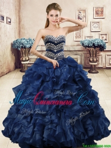 Unique Beaded and Ruffled Organza Quinceanera Dress in Navy Blue