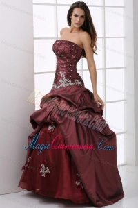 A-line Burgundy Strapless Beading and Appliques Quinceanera Dress