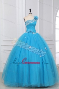 Appliques and Hand Made Flowers One Shoulder Quinceanera Dress in Aqua Blue