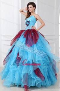 Aqua and Wine Red Strapless Beading and Ruche Quinceanera Dress