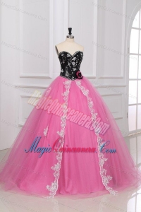 Beading and Appliques Sweetheart Tulle Quinceanera Dress in Black and Rose Pink