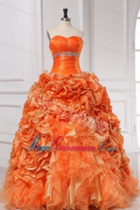 Beading and Rolling Flowers Sweetheart Quinceanera Dress in Orange