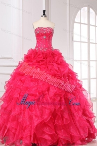 Beading and Ruffles Strapless Organza Quinceanera Dress in Coral Red