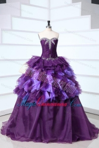 Dark Purple Sweetheart Beading and Ruffles Sweet Train Quinceanera Dress