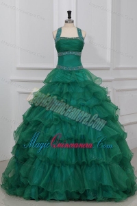 Green Halter Top Beading and Ruffles Layered Quinceanera Dress