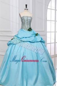 Light Blue Strapless Sequins and Taffeta Quinceanera Dress with Flowers