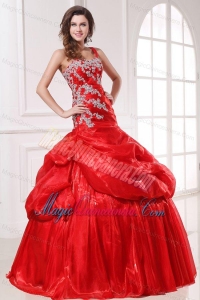 One Shoulder Red Organza Long Quinceanera Dress with Appliques