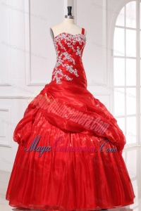 Red Organza Appliques Long Quinceanera Dress with One Shoulder