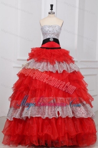 Red and White Strapless Beaded Decorate Organza Quinceanera Dress