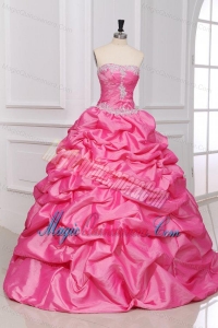 Rose Pink Strapless Appliques and Pick-ups Quinceanera Dress with Taffeta