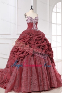 Spaghetti Straps Appliques and Pick-ups Quinceanera Dress in Burgundy