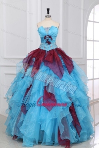 Strapless Beading and Ruche Quinceanera Dress in Aqua and Wine Red