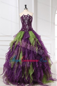 Strapless Green and Purple Organza Quinceanera Dress with Rhinestone