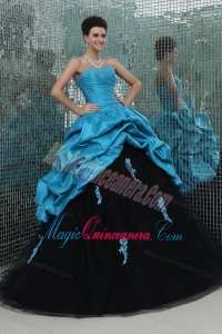 Teal and Black Sweetheart Appliques Full Length Quinceanera Dress