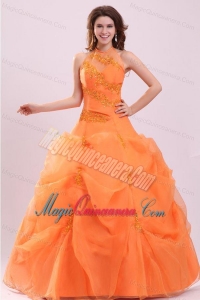 A-line Orange Halter Top Neck Appliques with Beading Quinceanera Dress