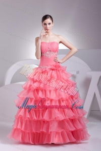 Appliques and Ruffles Layered Strapless Watermelon Quinceanera Dress