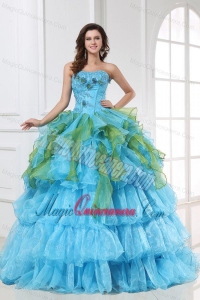 Appliques with Sequins Organza Long Quinceanera Dress in Aqua Blue