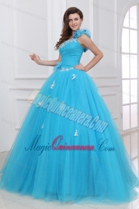 Aqua One Shoulder Appliques and Hand Made Flowers Quinceanera Dress