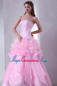 Baby Pink Strapless Beading and Pick-ups Organza Quinceanera Dress