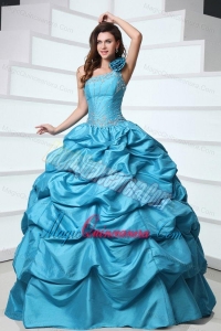 Beading and Pick-ups One Shoulder Teal Taffeta Quinceanera Dress