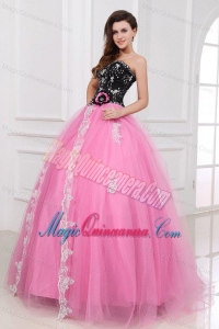 Black and Rose Pink Quinceanera Dress with Beading and Appliques