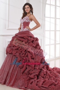 Burgundy Spaghetti Straps Appliques and Pick-ups Quinceanera Dress