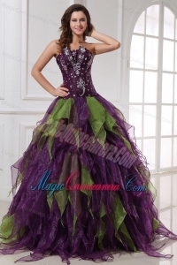 Green and Purple Strapless Rhinestone Quinceanera Dress with Organza