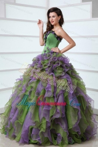 Multi-color Strapless Appliques and Ruffles Quinceanera Dress with Organza
